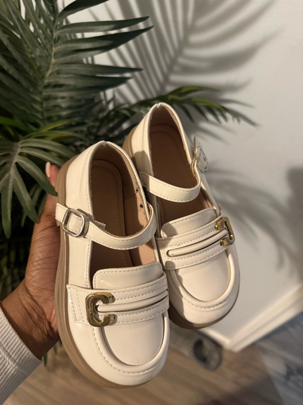 Girls' Cream Mary Jane Loafers with Gold Accent